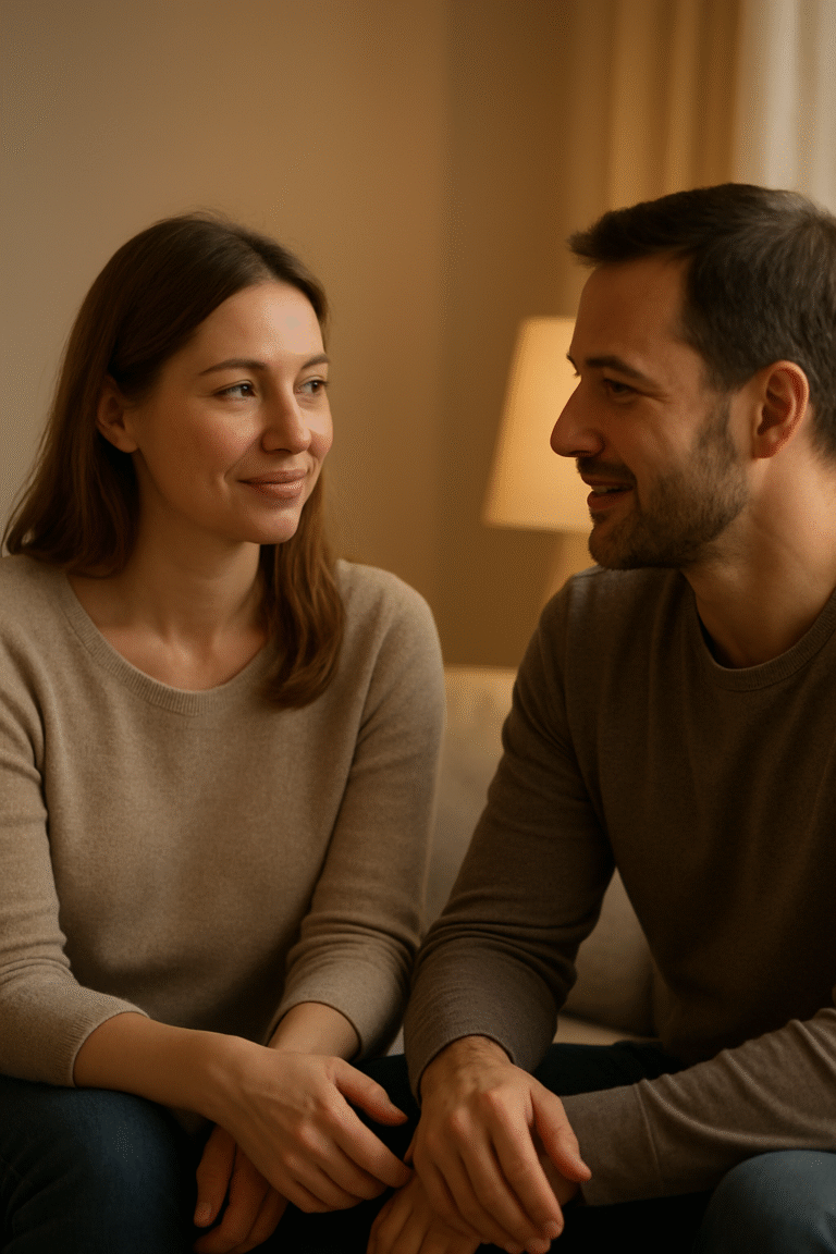 Calm woman and partner talking in a cozy room — representing compassionate care for intercourse problems.