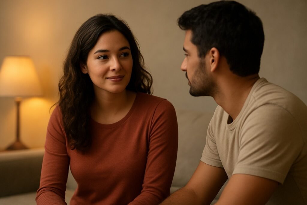 Calm woman and partner talking in soft light — representing trust and compassionate sexual healthcare.