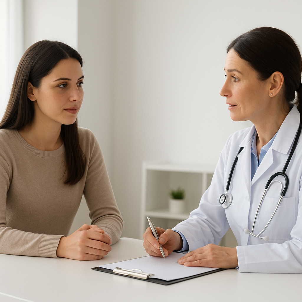 Clinician discussing sexual health with a female patient in a private consultation room.